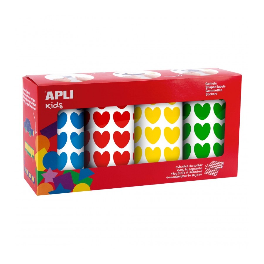 Apli Kids Confezione da 4 Rotoli Adesivi Cuore - 7.080 Adesivi in ​​Totale  - Adesivo a Base Acqua - Senza Solventi - Materiali 100% Riciclabili -  Colori Rosso, Giallo, Blu e Verde 
