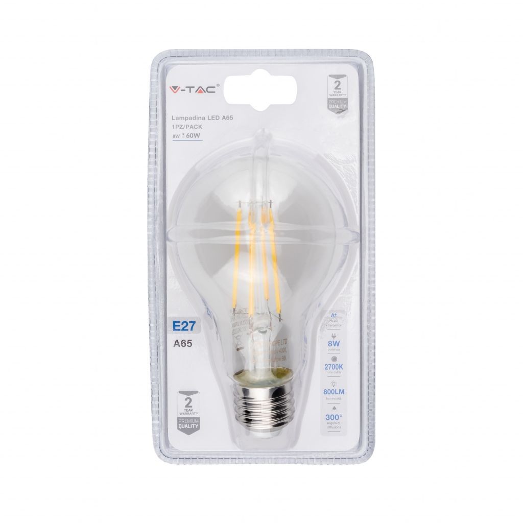 V-TAC Lampadina LED E27 8W A65 Filamento 2700K (Blister 1 Pezzo